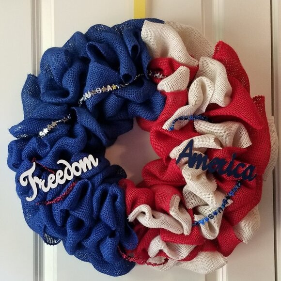 Patriotic Burlap Wreath Front Door Decor Year Round - Picture 4 of 5